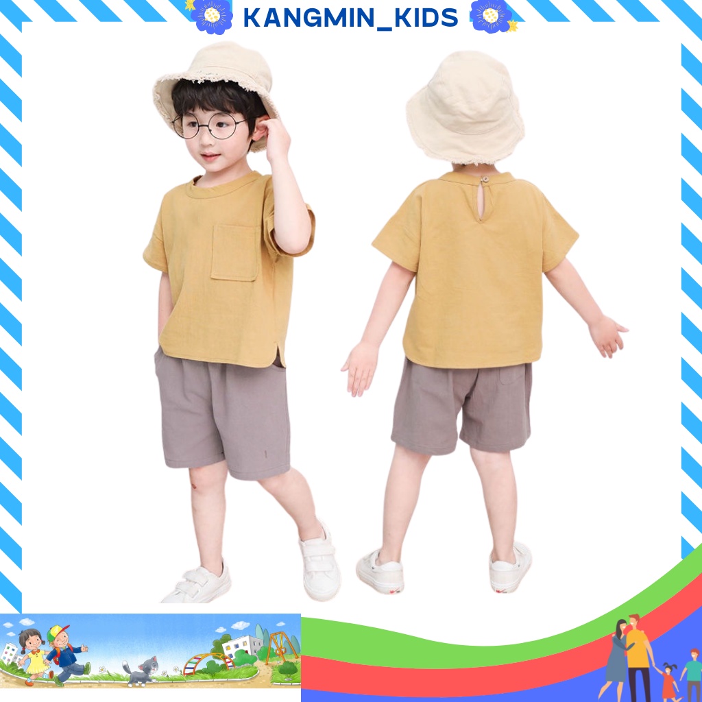 Đồ bộ bé trai cộc tay Hàn Quốc Kangminkids ,quần áo bé trai chất đũi siêu mát TEĐ01,bộ quân áo trẻ em TỪ 7-28Kg