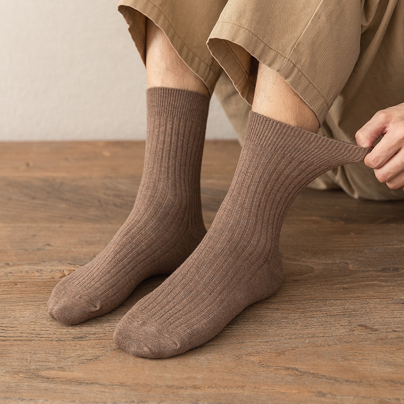 Men Twin-needle Cotton Socks Male Plain Casual Socks Ready Stock Business Semi-High Socks
