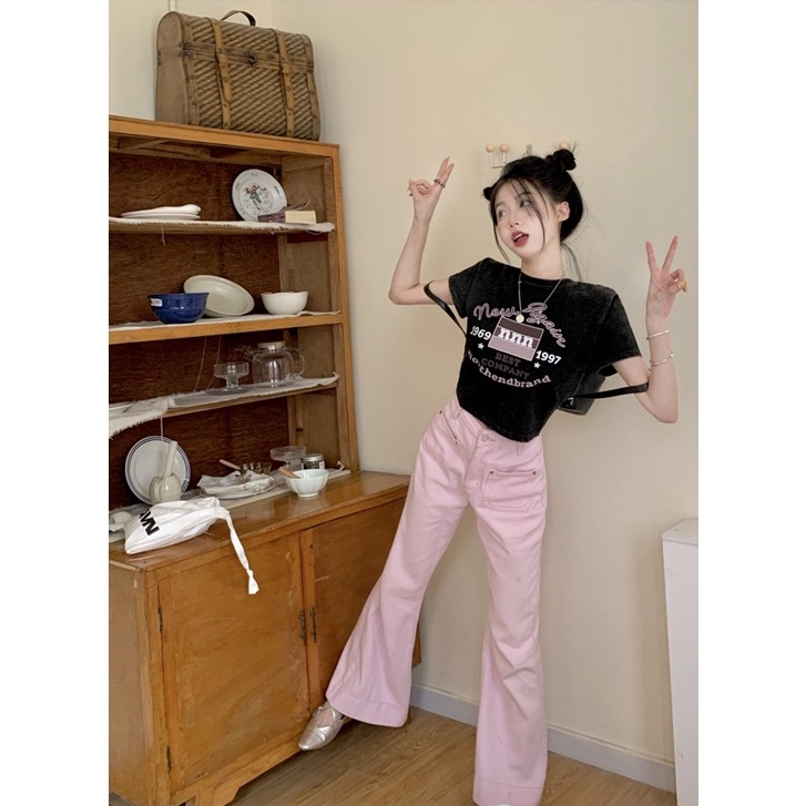 Áo Thun Dáng Ôm In Họa Tiết Kiểu retro Mỹ Xinh Xắn Cho Nữ