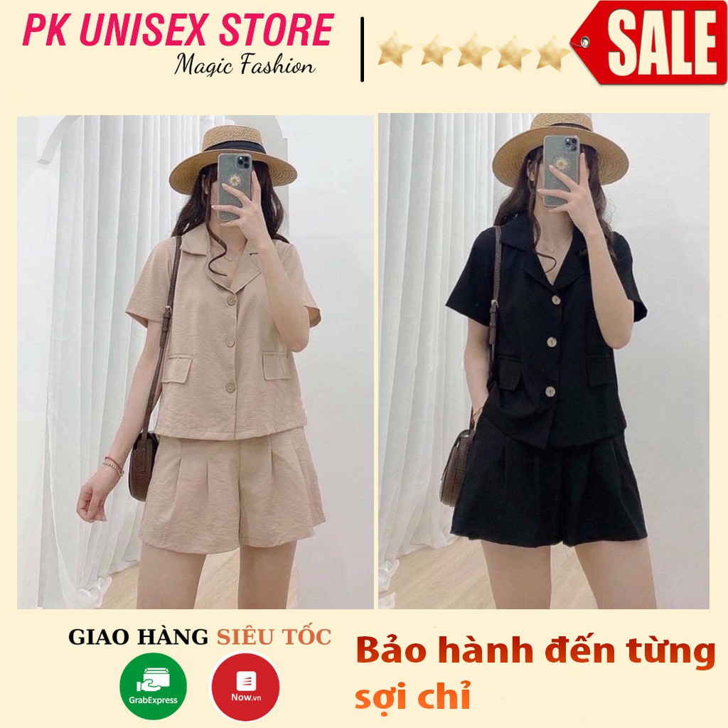 Set áo sơ mi đũi cổ vest tay bồng kèm chân váy nữ,bộ sơ mi tính,siêu xinh Set đi chơi