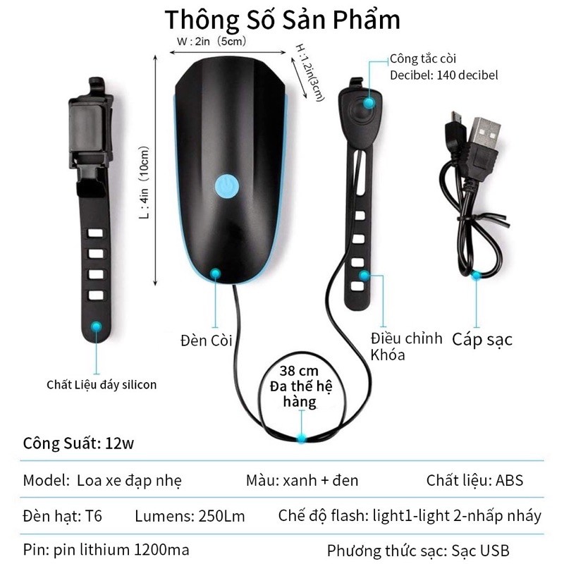 Đèn LED Xe Đạp Siêu Sáng + Còi ( Pin Sạc + Có Bảo Hành)