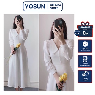 [ẢNH THẬT CUỐI] Đầm Dạo Phố Sống Ảo Dáng Dài Cổ Lá Thanh Lịch, Đầm Tay Dài Nút Bọc Sang Chảnh Màu Trắng