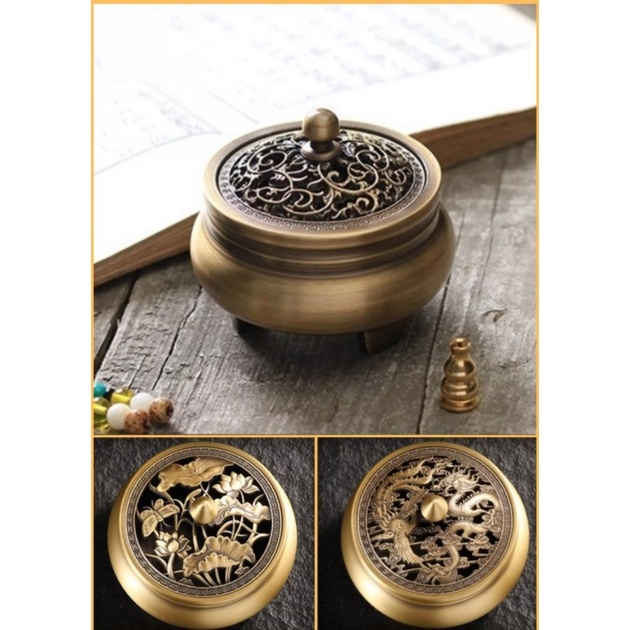 Lư xông trầm bằng đồng nguyên khối, dày dặn, chắc chắn, nắp nhiều hình
