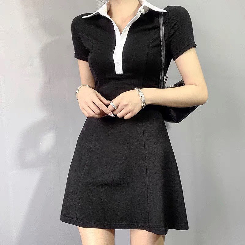 đầm polo ⚡Bán Lỗ⚡Đầm nữ cổ sơ mi dáng ôm body, thun cộc tay màu ĐEN  Ulzzang [v07] | BigBuy360 - bigbuy360.vn