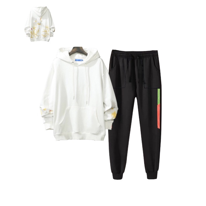 Set Bộ 2 Món Quần Dài + Áo Hoodie Nón Nam Nữ Unisex Chất Vải Nỉ CB2_WAH066NO_MQU075NODEF7 (Cò Trắng + 2 Sọc Túi Vuông)