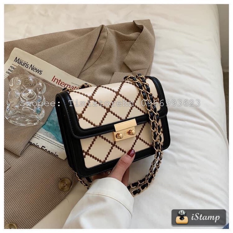 Túi xách đeo chéo nữ đeo vai khóa bấm da trần chỉ ô trám dây xích phối da rẻ đẹp thời trang TIMISTOREHN TN088