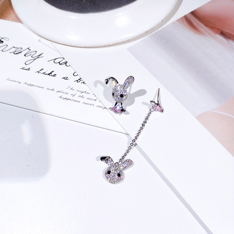 Khuyên tai bạc JIUDUOLAN dáng dài không đối xứng hình thỏ dễ thương thời trang xinh xắn cho nữ