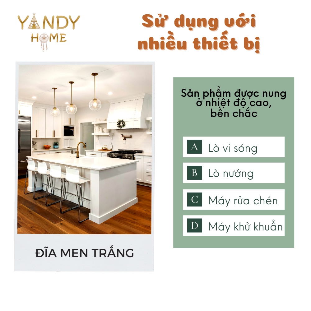 Đĩa gốm sứ YANDY HOME D04 hình tròn dĩa gốm màu trắng chữ cái trái tim men bóng đẹp dùng được trong lò vi sóng