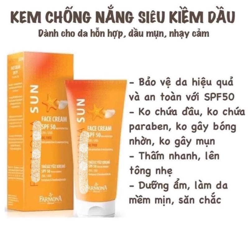 [Auth-đủ bill] Kem Chống Nắng Farmona Sun Face Cream Oil Free Spf50 Cho Da Dầu Mụn