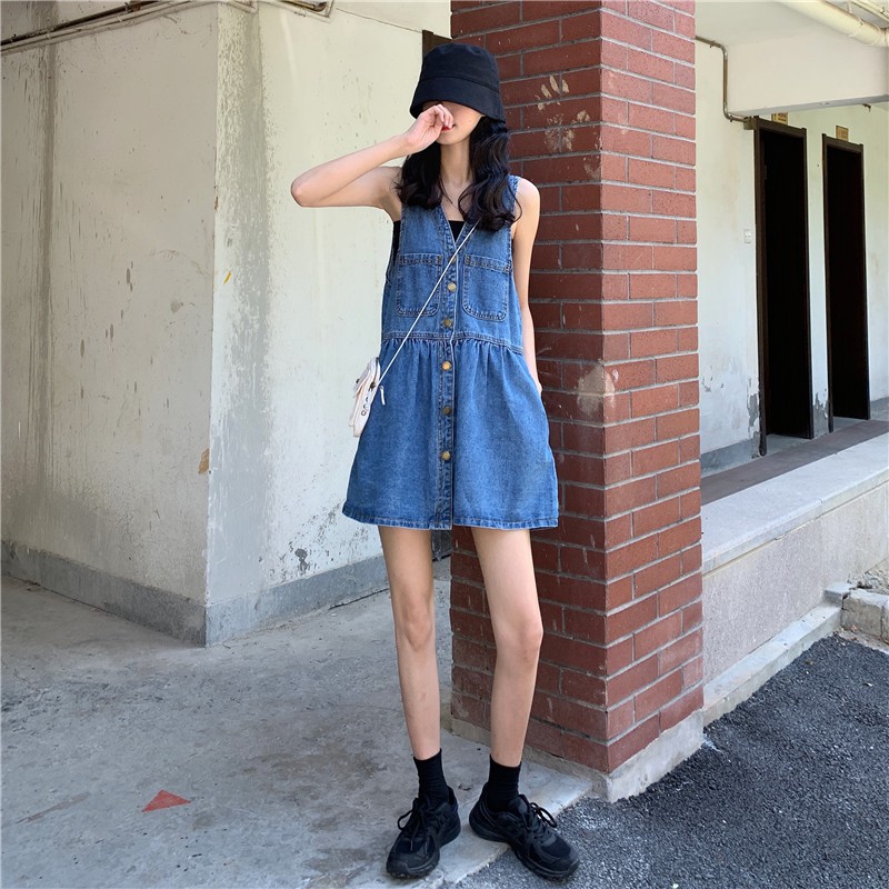 Đầm Yếm Denim Dáng Chữ A Thời Trang Mùa Hè Hàn Quốc Chất Lượng Cao