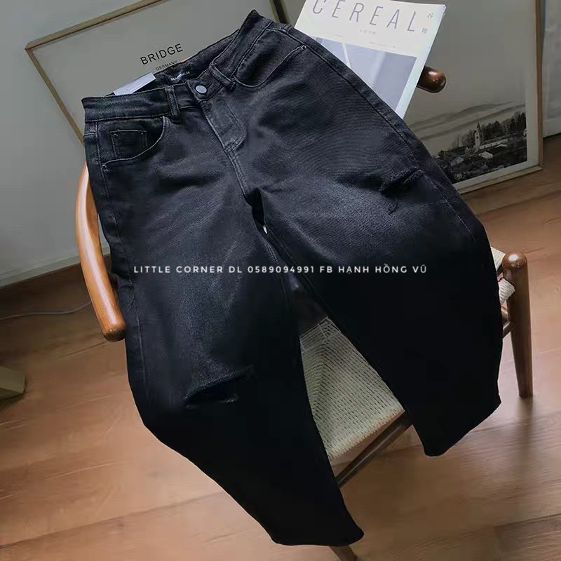 Quần slim baggy jean đen ống suông rách sườn gối kèm ảnh thật có BIGSIZE hàng sẵn