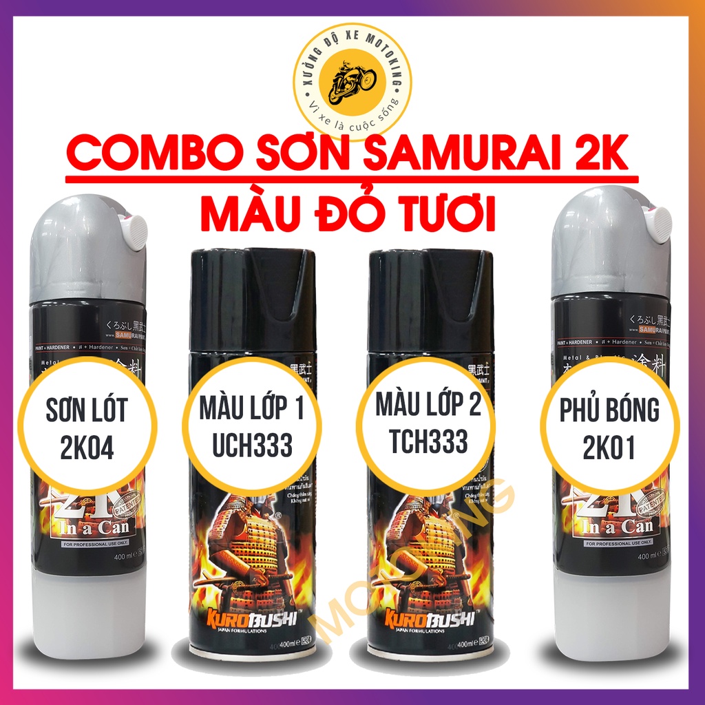 Combo sơn samurai hai lớp màu đỏ tươi UC+TCH333 loại 2K chuẩn quy trình độ bền 5 năm gồm 2K04 - UCH333 - TCH333-2k01