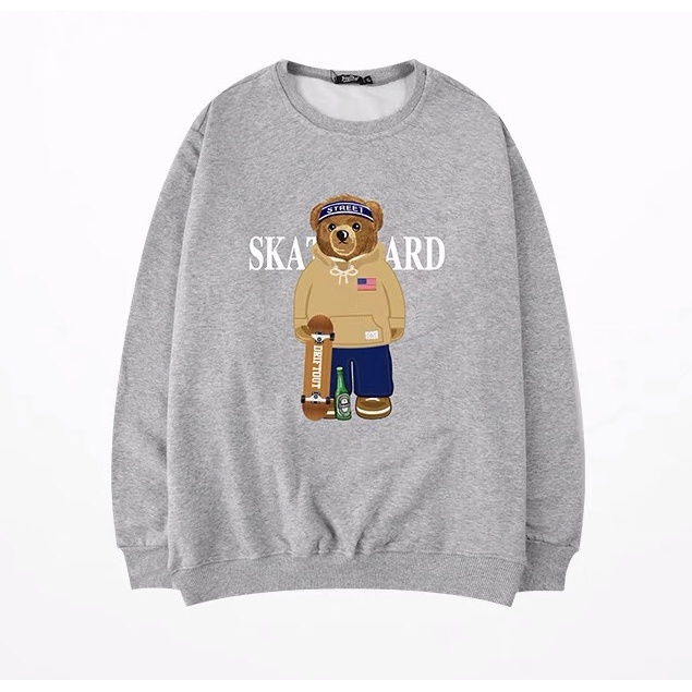 Áo sweater unisex, áo nỉ sweater form rộng Nelly Heybig chính hãng streetstyle in hình gấu cute màu xám S2