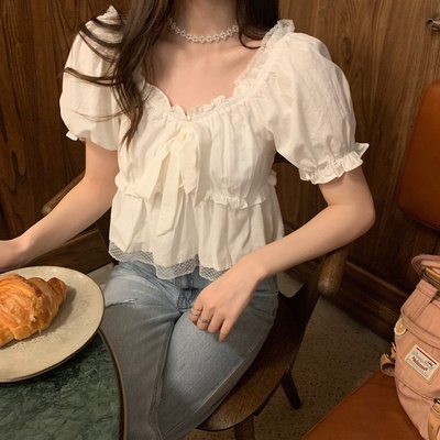 Áo Kiểu Tay Phồng Ngắn Cổ Vuông Phối Ren Thời Trang Mùa Hè Hàng Mới Dành Cho Nữ 2022