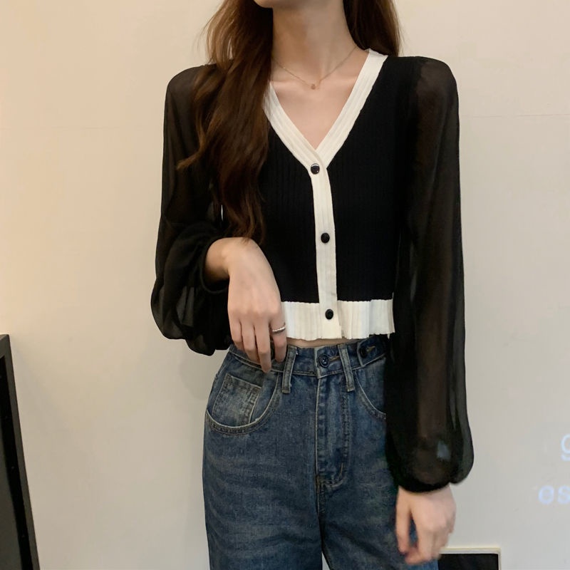 Áo bằng vải voan tay ngắn cổ chữ V thời trang Hàn Quốc cho nữ