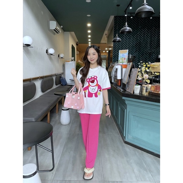Set áo cotton gấu hồng thêu quần suông hình thật K3