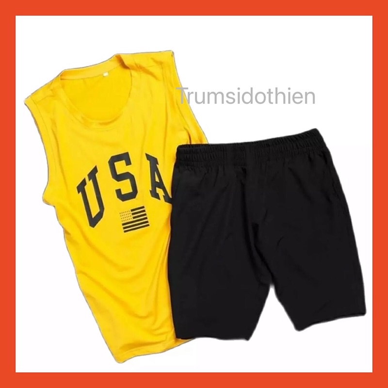 Bộ mặc nhà USA sát nách chất thun mè cao cấp Unisex bigsize dành cho nam nữ mặc nhà ngủ thể thao tập gym du lịch đi biển