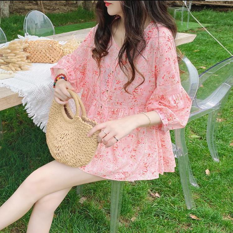 Áo sơ mi tay lỡ dáng rộng in hoa kiểu retro phương Tây thời trang mùa hè cho bé
