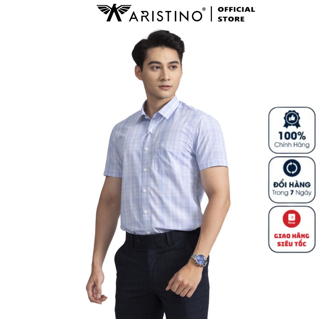 Áo Sơ Mi Nam Ngắn Tay ARISTINO ASS005S2 Somi Công Sở Cao Cấp Màu Trắng Kẻ Xanh Vải Sợi Sồi Dáng Suông Tà Bằng Có Túi