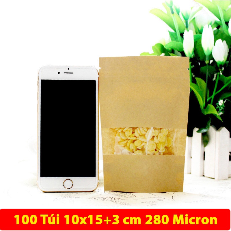 100 cái túi zip giấy kraft size 10x15+3cm có cửa sổ tràn viền, zipper nhỏ chuyên đựng thực phẩm chống nước, nhận in logo