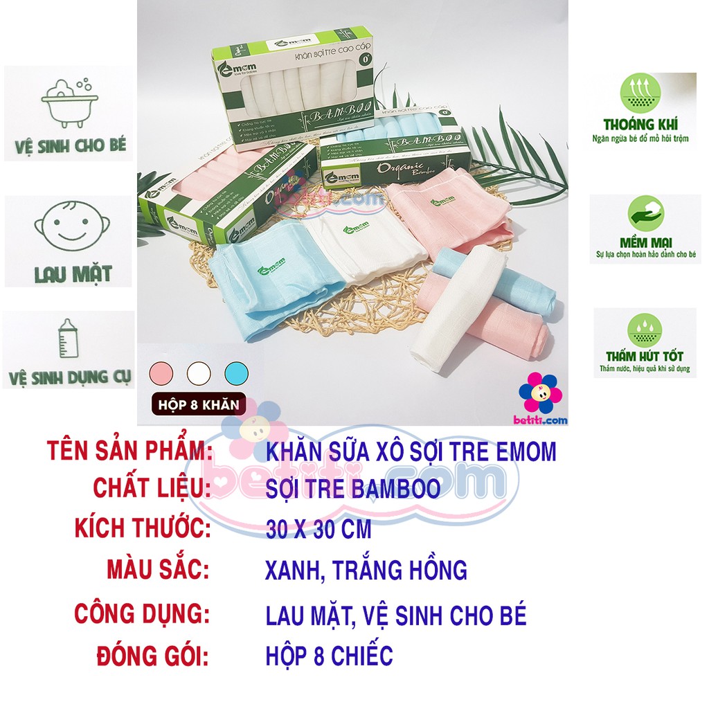 [HỘP 8 CHIẾC] Khăn Sữa Sợi Tre Cao Cấp Kháng Khuẩn Emom Cho Bé - 8938517691096