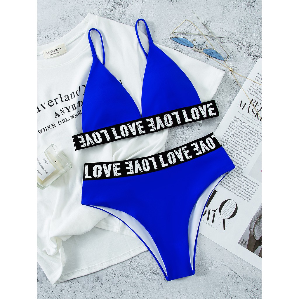 [BKN1266] &lt;ÂU&gt; SET BIKINI XANH COBALT CẠP CHỮ LOVE (CẠP CAO)