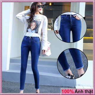 Quần jean nữ co giản cao cấp size 25-35 trơn lai tua màu biển
