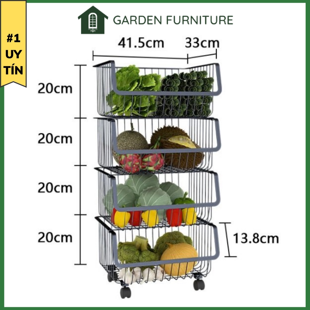 Kệ sắt đa năng nhiều tầng tháo rời có nắp đậy tiện dụng, giá kệ nhà bếp, phòng khách, có bánh xe di chuyển tiện lợi