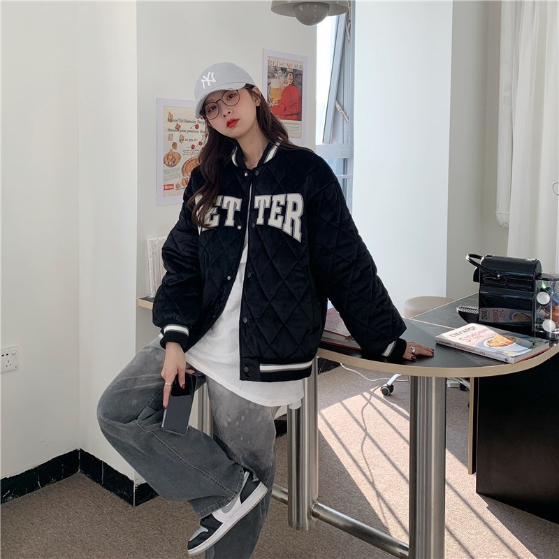 IELGY  Áo Khoác Bóng Chày Bằng cotton Dày Dặn Thêu Chữ Phong Cách Harajuku Dành Cho Nữ