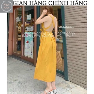 Đầm maxi vàng hở lưng đi biển