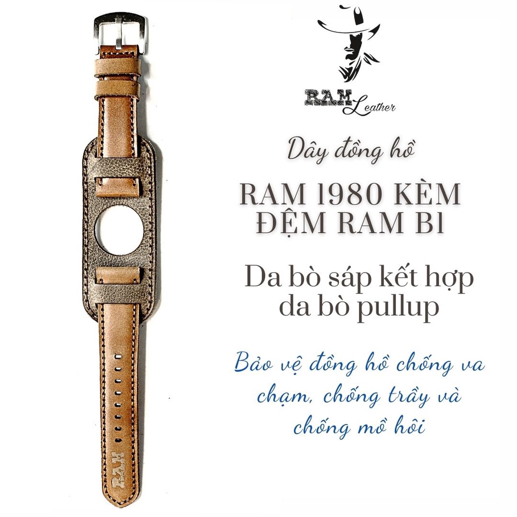 Combo Dây đồng hồ RAM Leather vintage B1 1980 da bò nâu đỏ kiểu quân đội