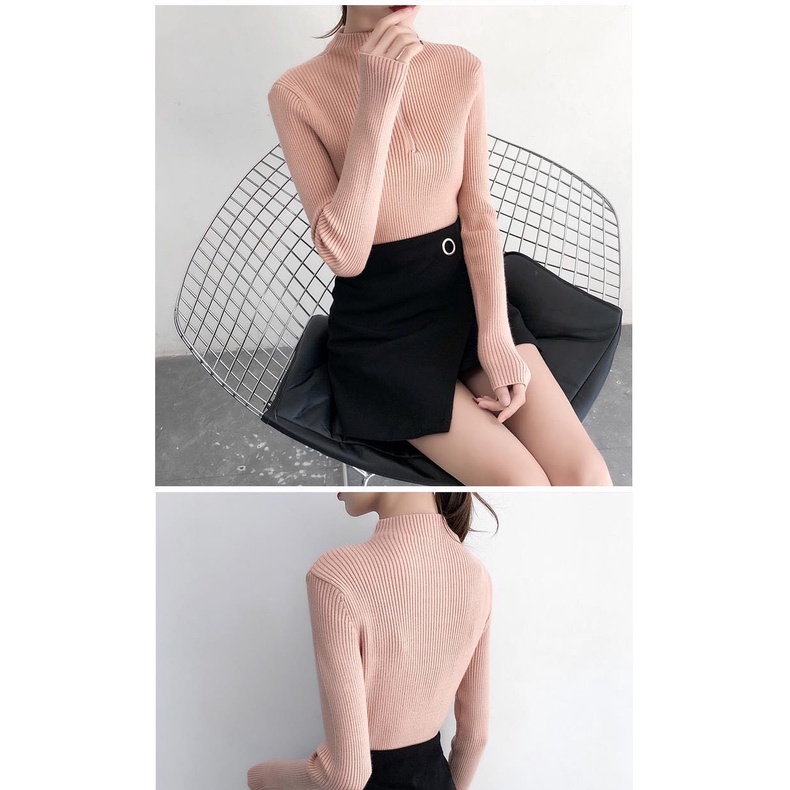 Áo Sweater dệt kim màu trơn phối khóa kéo phong cách Hàn Quốc cho nữ