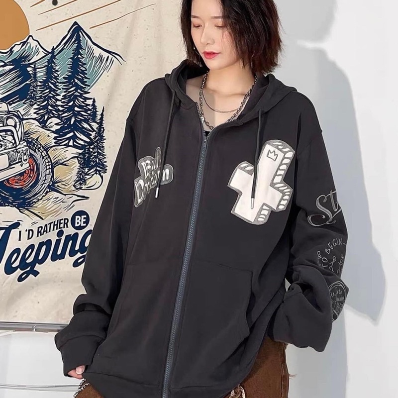 Áo khoác nỉ ngoại dây kéo có nón 2 lớp but dream unisex ulzzang nam nữ