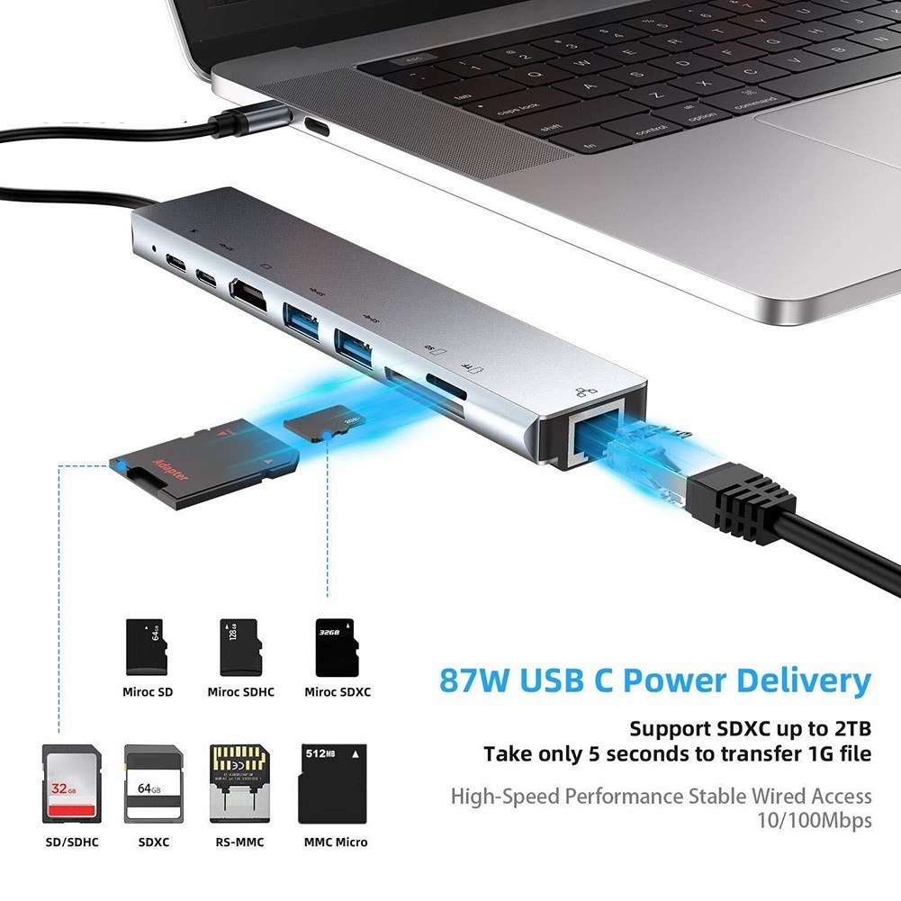 Bộ Chuyển Đổi Đa Năng 8 Trong 1 Từ Cổng Type-C Sang Hdmi RJ45 Usb 3.0 TF PD Tiện Lợi