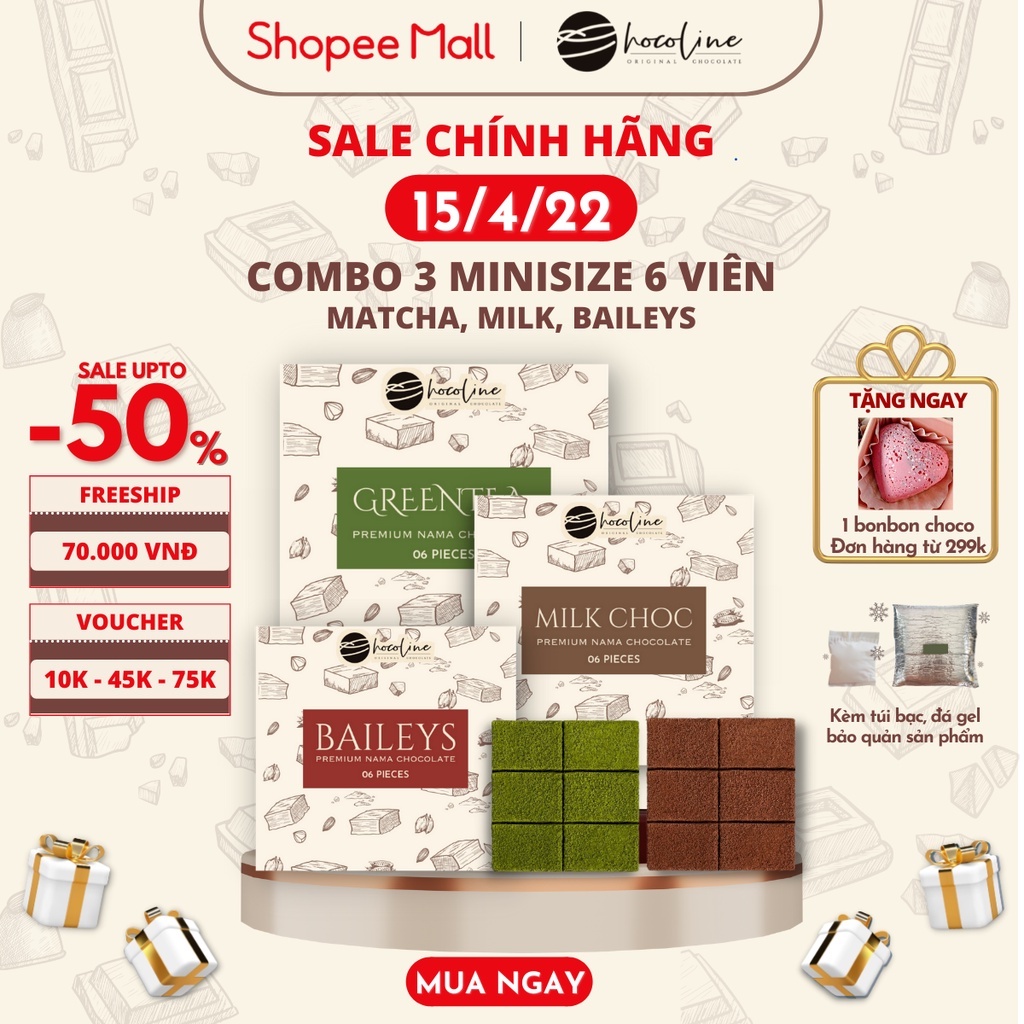 Socola Tươi Chocoline combo 3 hộp Mini Vị Matcha Trà Xanh & Vị Sữa Milk Choc & Vị Kem Sữa Baileys - Hàng Chính Hãng