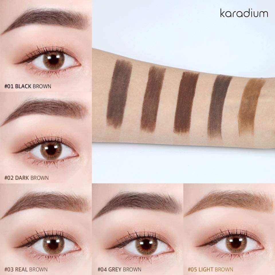 CHÌ KẺ MÀY KARADIUM Dễ dàng tạo đường nét, Nhiều màu phù hợp với da và tóc, có đầu chải mềm mịn ko bết lâu trôi bền màu.