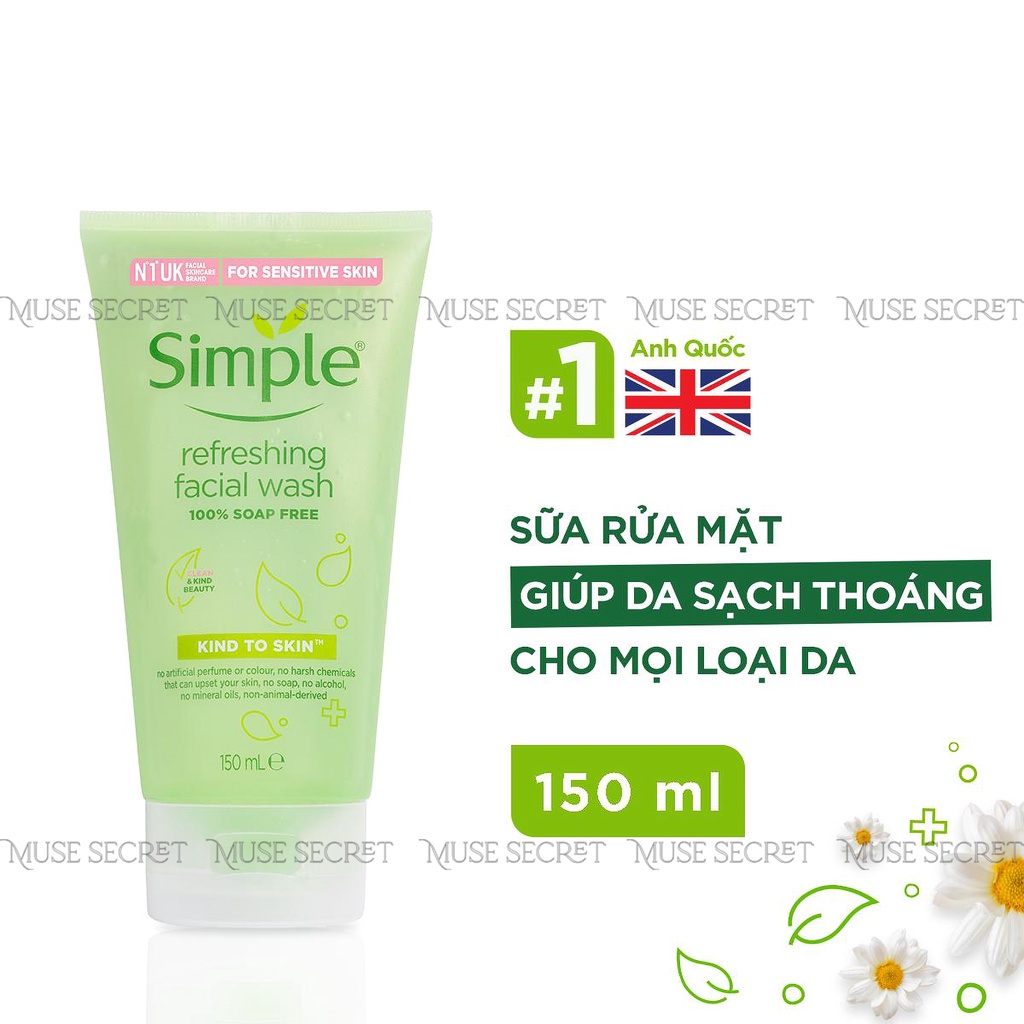 [Quà Tặng Khẩu Trang] Sữa Rửa Mặt Simple - Kind To Skin Refreshing Facial Wash Gel dịu nhẹ giúp da sạch thoáng 150ml | BigBuy360 - bigbuy360.vn