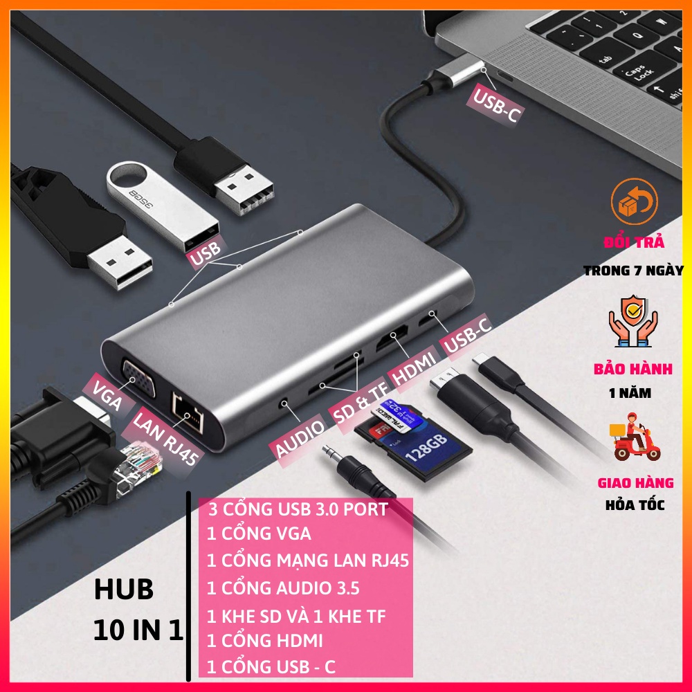 Bộ chuyển đổi hub 10 trong 1 USB type C to USB3.0 / HDMI / PD / RJ45 / SD / TF card / VGA / Audio 3.5 10 in 1