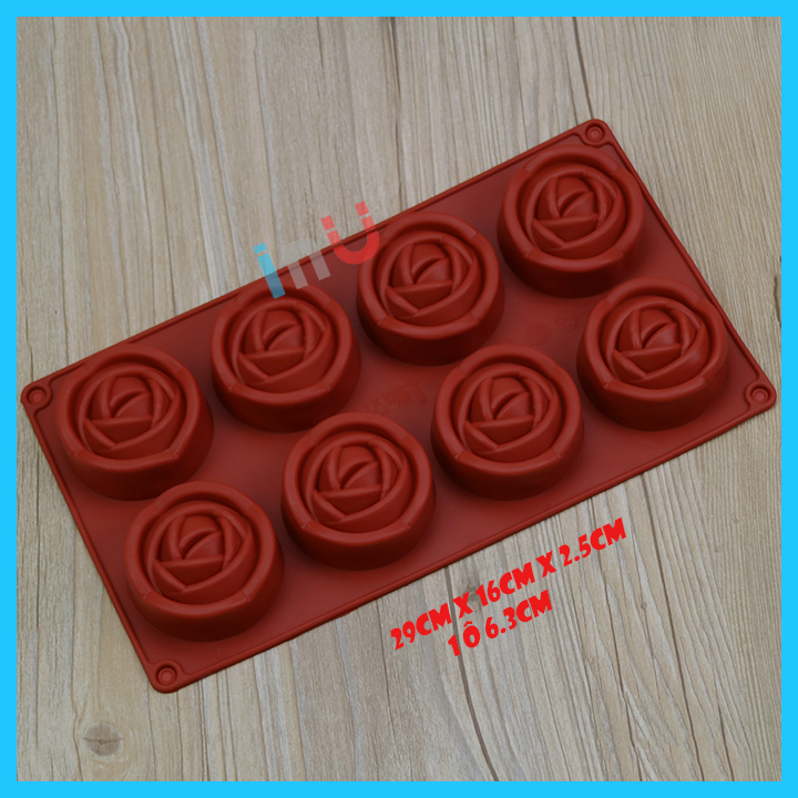 HCM - Khuôn silicon hoa hồng 8 ô to 6.3cm nướng banh, đổ rau câu pudding, làm socola