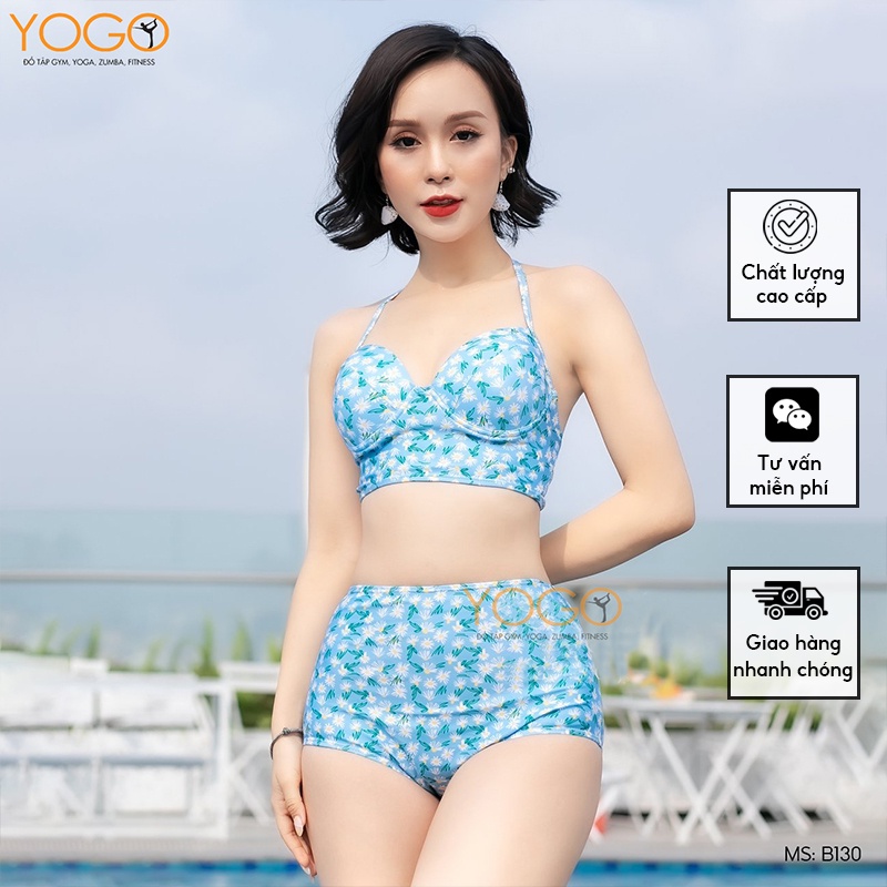 Set Đồ Bơi Nữ Bikini Áo Hai Dây Buộc Nơ Quần Bơi Họa Tiết Hoa Cúc Họa Mi Xinh Xắn Mặc Đi Biển Đi Bơi Mùa Hè YOGO B130