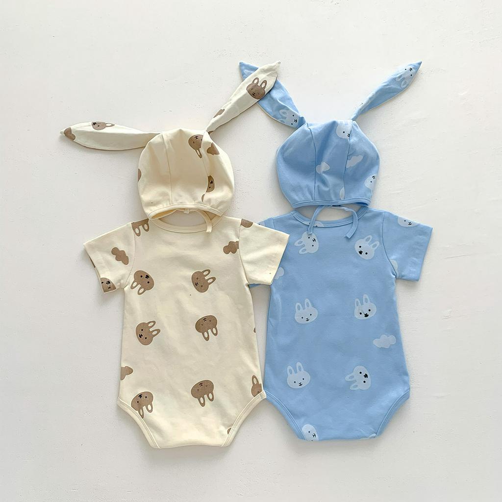 Bộ Áo Liền Quần Kèm Mũ In Hình Thỏ Bunny Dễ Thương Thời Trang Mùa Hè Cho Bé 0-2 Tuổi