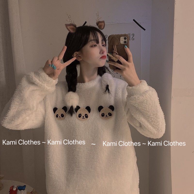 Set bộ ngủ lông cừu cực ấm, bộ ngủ nữ thu đông hình gấu trúc kute kèm ảnh thật - KAMI Clothes