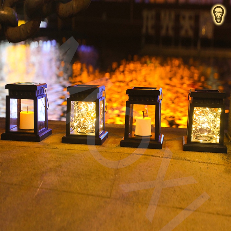 Đèn LED hộp cổ điển ngọn nến đom đóm năng lượng mặt trời trang trí decor ngoài trời ban công sân vườn lễ tết MOXI