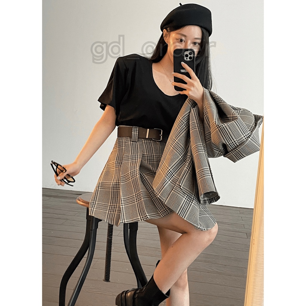 B81|Set bộ áo vest caro kẻ sọc đồng phục cổ điển kèm váy xếp ly ngắn thanh lịch, công sở gd_order