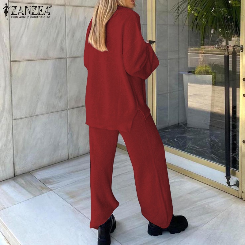 Bộ trang phục ZANZEA dành cho nữ thiết kế áo cổ chữ V tay dài quần eo cao co giãn ống rộng thời trang