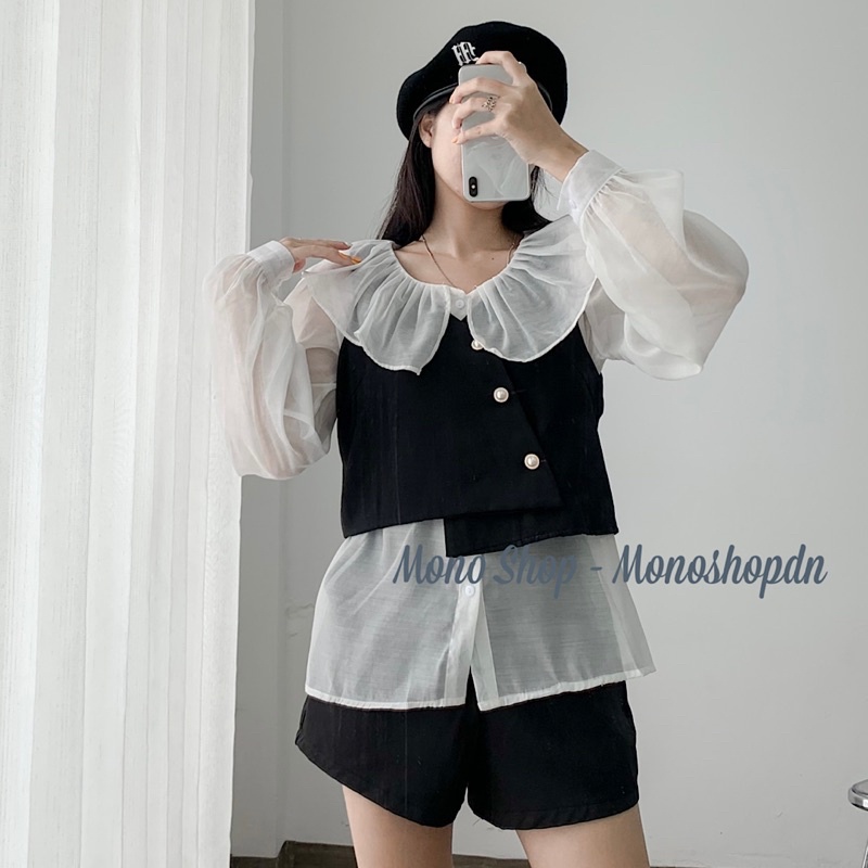 Set 3 món áo sơ mi voan cổ bèo phối ghile nút xéo kèm quần short Ảnh thật/ sẵn