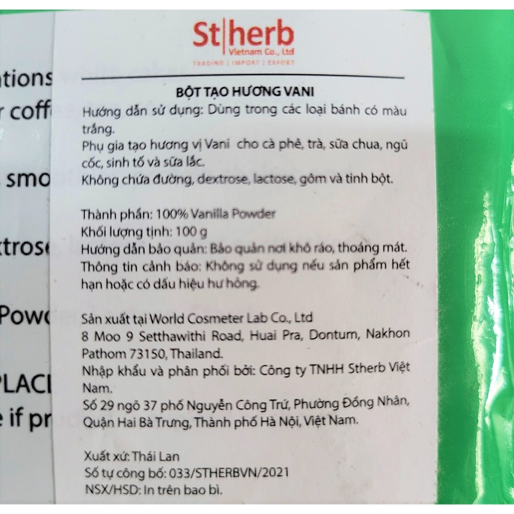 [Túi 100g] BỘT TẠO HƯƠNG VANI (Phụ gia thực phẩm) [Thailand] STFOOD Vanilla Powder Food Additive