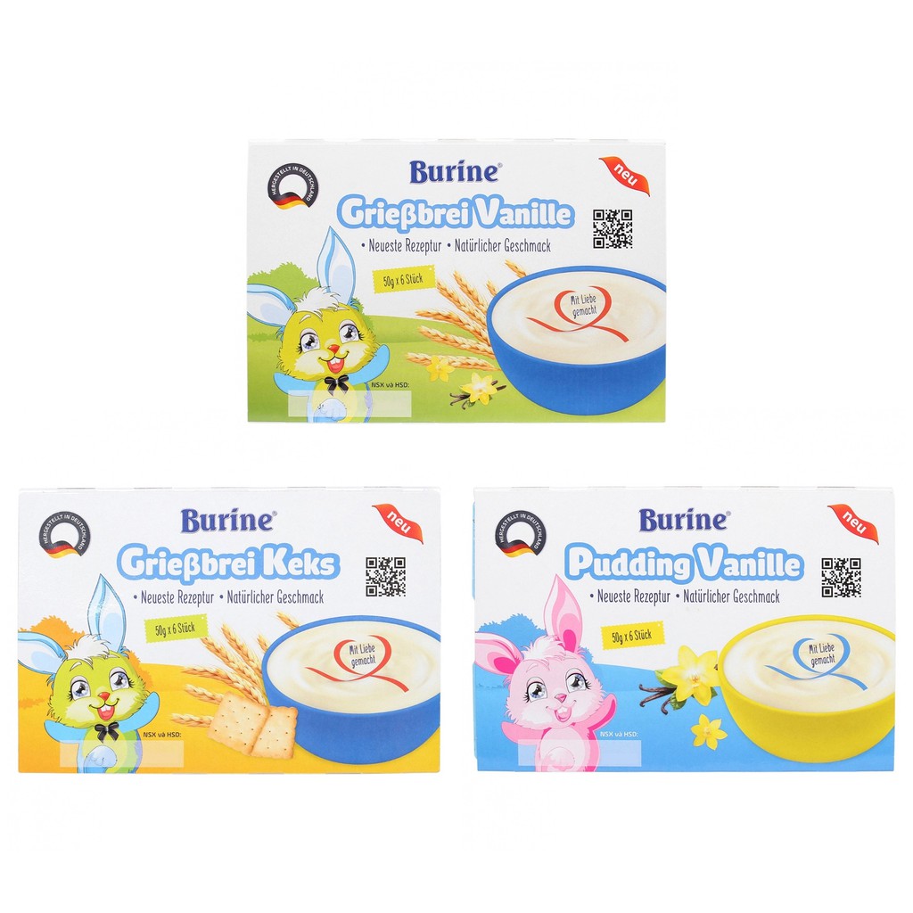 [CHÍNH HÃNG] Cháo Sữa Burine 6M+ Vị Grießbrei Vanille - Vỉ 6 Hũ x 50g (Công thức mới, thơm ngon tự nhiên)