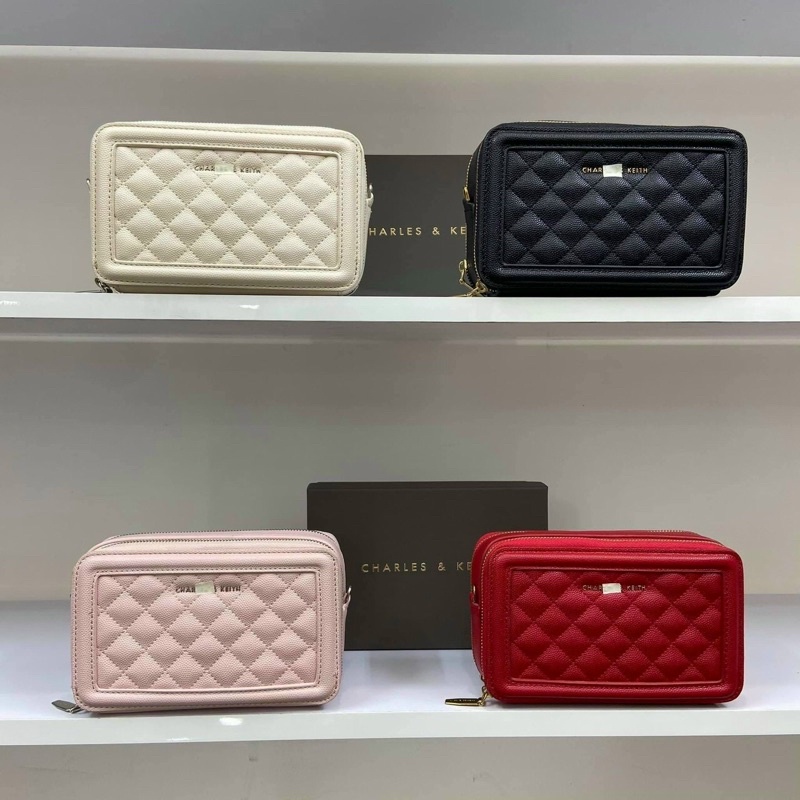 Ví Dài CNK Trám Hộp Hai Khoá Kéo Quilted Long Wallet Hàng Fullbox Có Dây Đeo