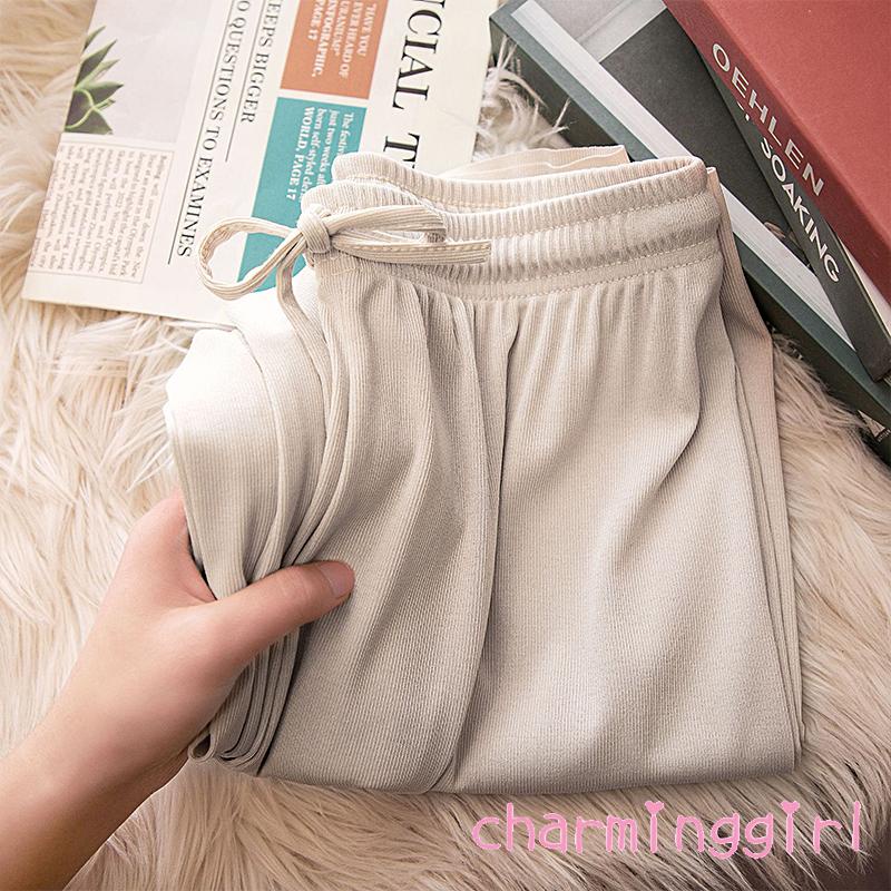 Quần Dài Lưng Cao Ống Rộng Màu Trơn Phối Dây Rút Thời Trang Cho Nữ